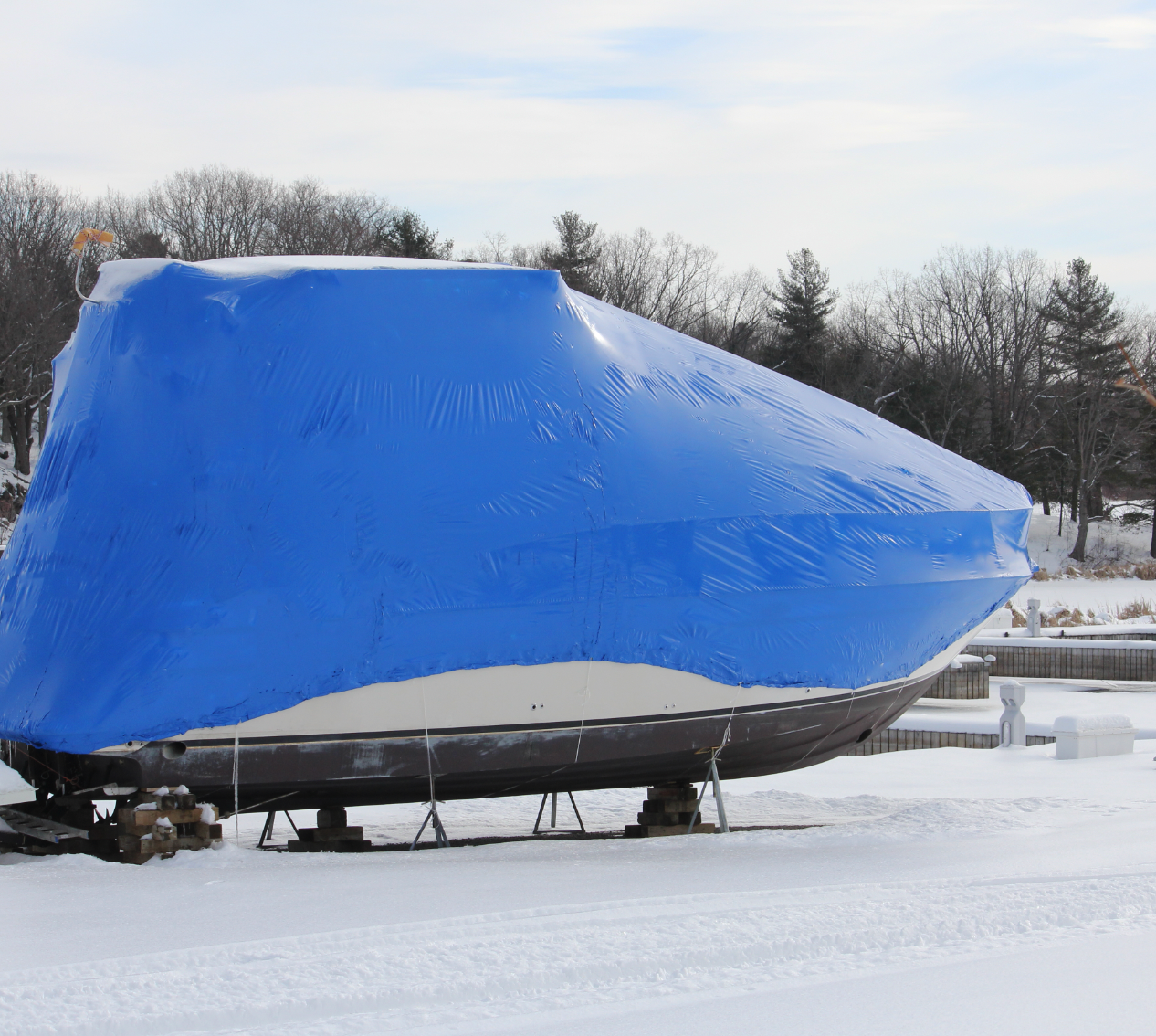 A blue tarp is covering a boat in the snow
