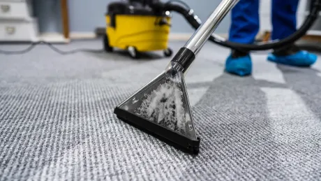Person steam cleaning a gray carpet with a professional vacuum cleaner.