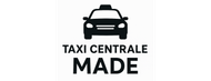Zwart pictogram van een taxi boven de zwarte tekst "TAXI CENTRALE MADE."