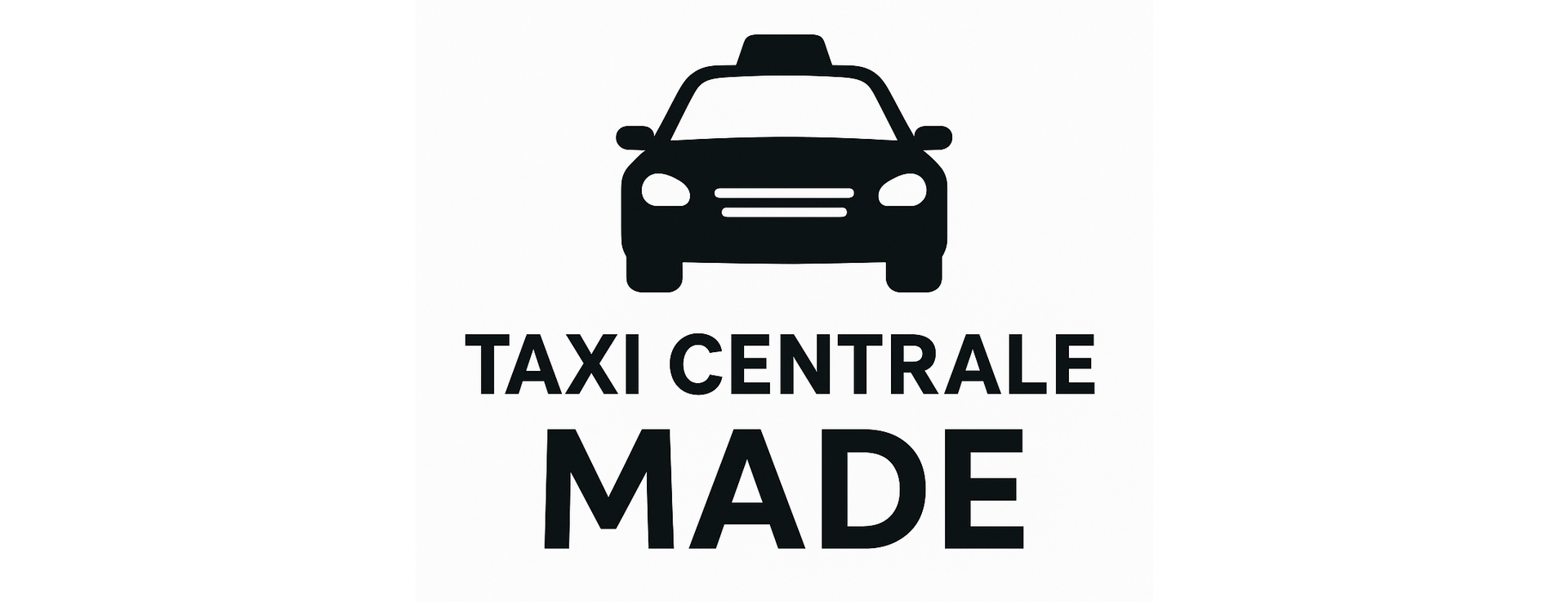 Zwart pictogram van een taxi boven de zwarte tekst "TAXI CENTRALE MADE."