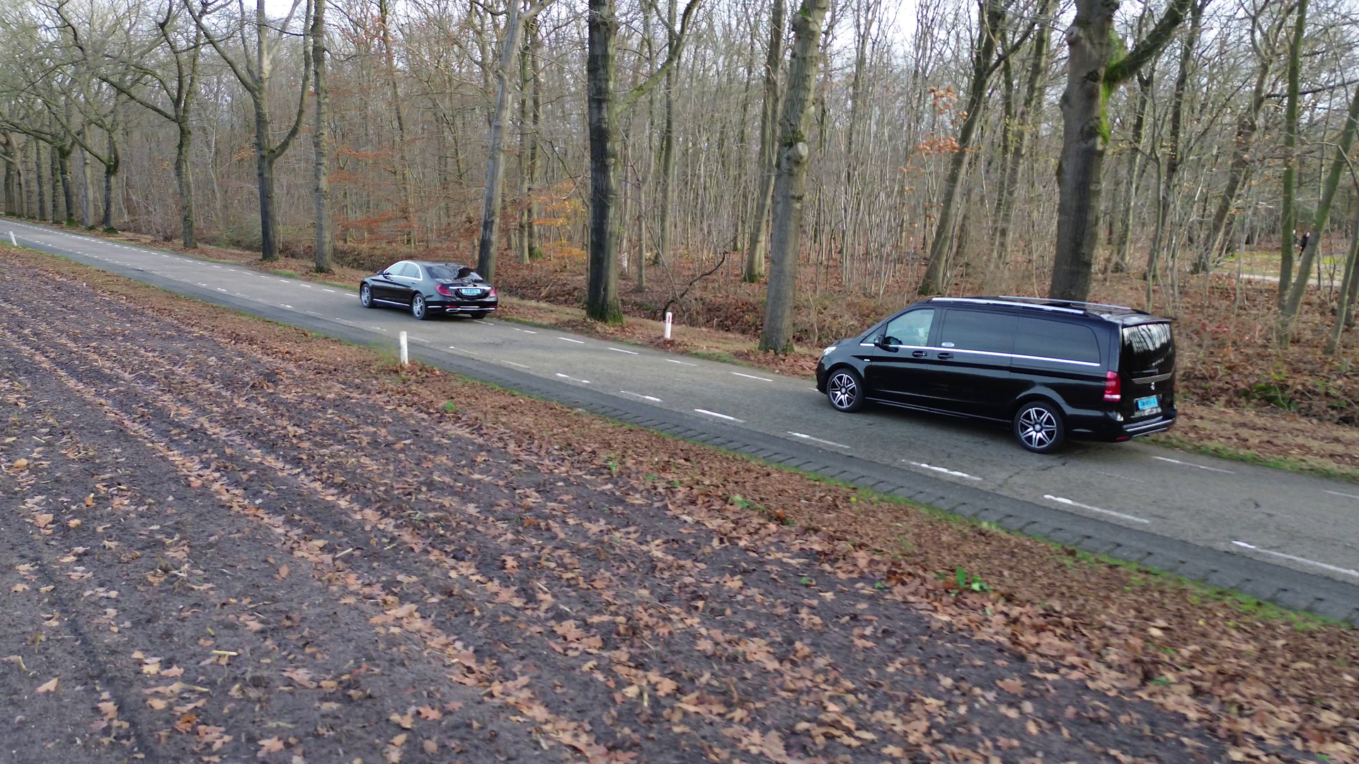 Twee zwarte auto's rijden over een smalle, geplaveide weg door een bos met gevallen herfstbladeren op de grond.