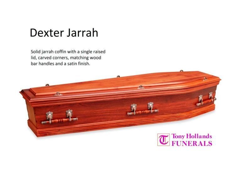 A picture of a wooden coffin called dexter jarrah