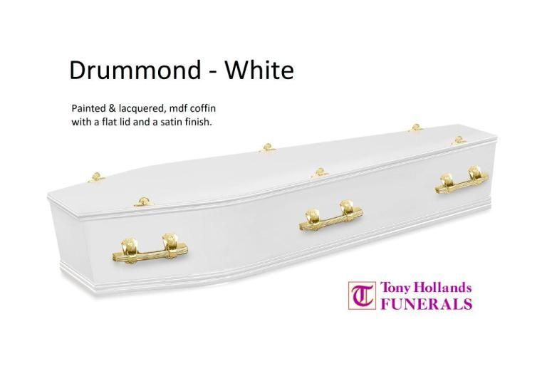A white coffin with gold handles on a white background.