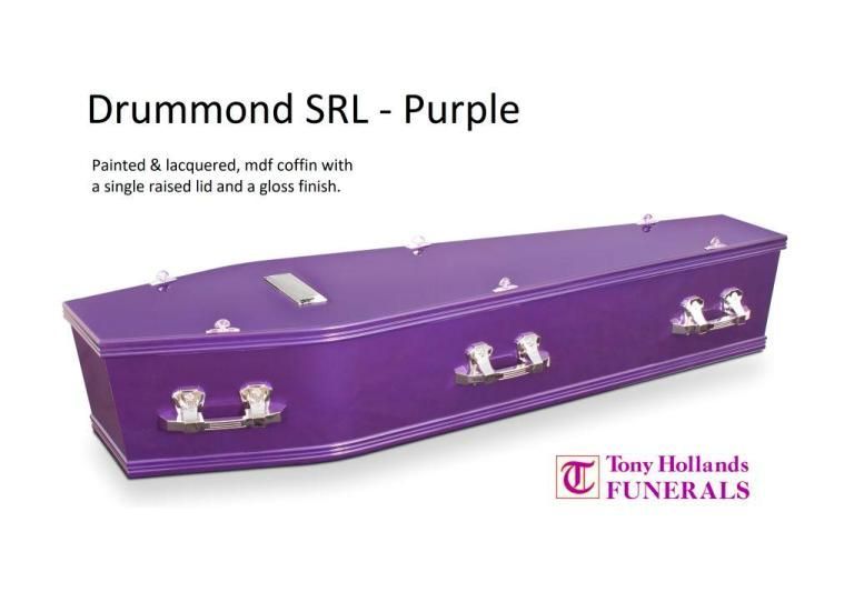 A purple coffin with white handles is on a white background.