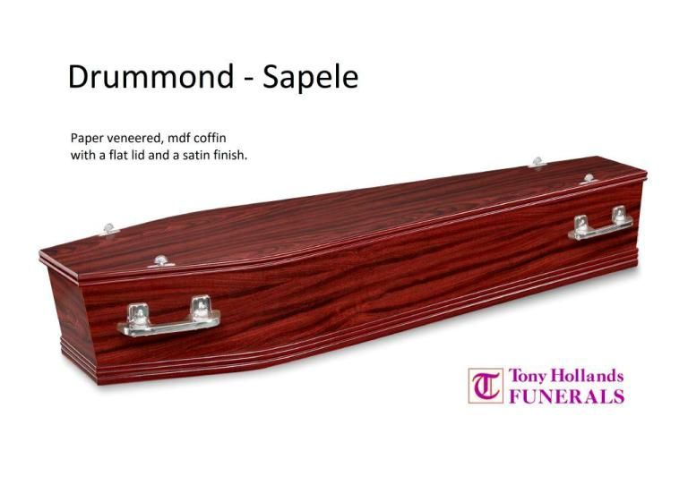 A picture of a wooden coffin that says drummond sapele