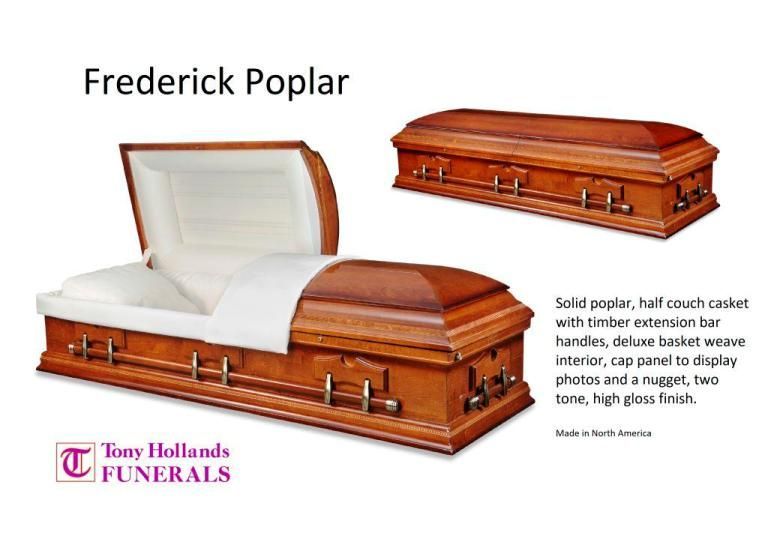 A picture of a wooden coffin that says frederick poplar