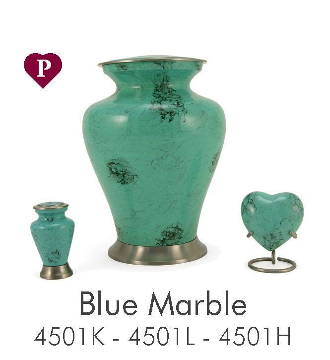 A blue marble vase with a heart shaped urn