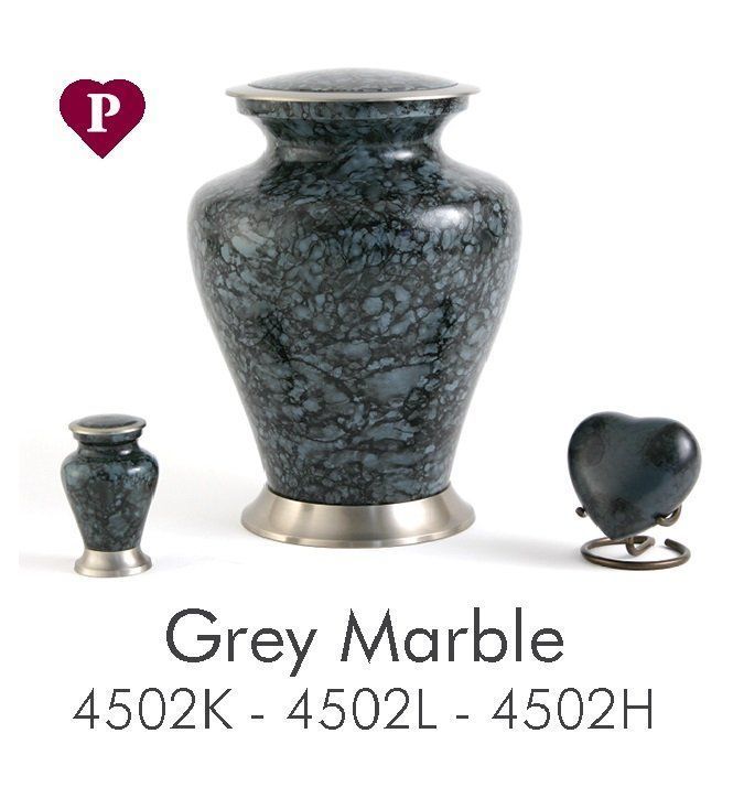 A picture of a grey marble urn and a smaller urn