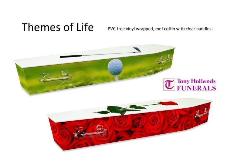 A coffin with a golf ball and roses on it