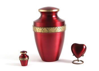 A red urn , a small urn , and a heart shaped urn on a white background.