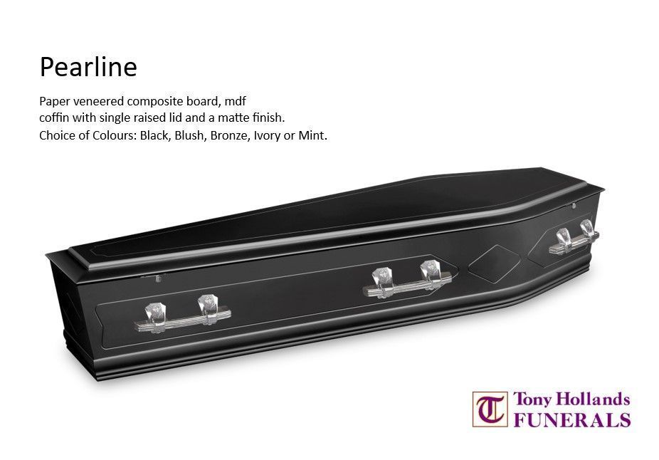 A black coffin with pearls on the handles is on a white background.