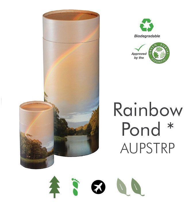 A rainbow pond urn with a rainbow on it