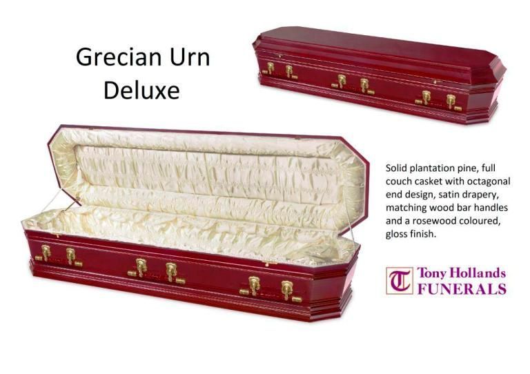 A picture of a red coffin with the words grecian urn deluxe on it.