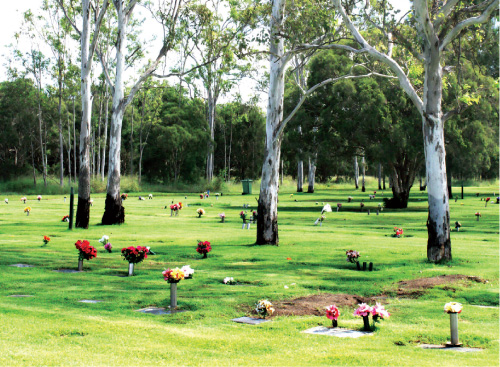 A cemetery with flowers and trees in the background