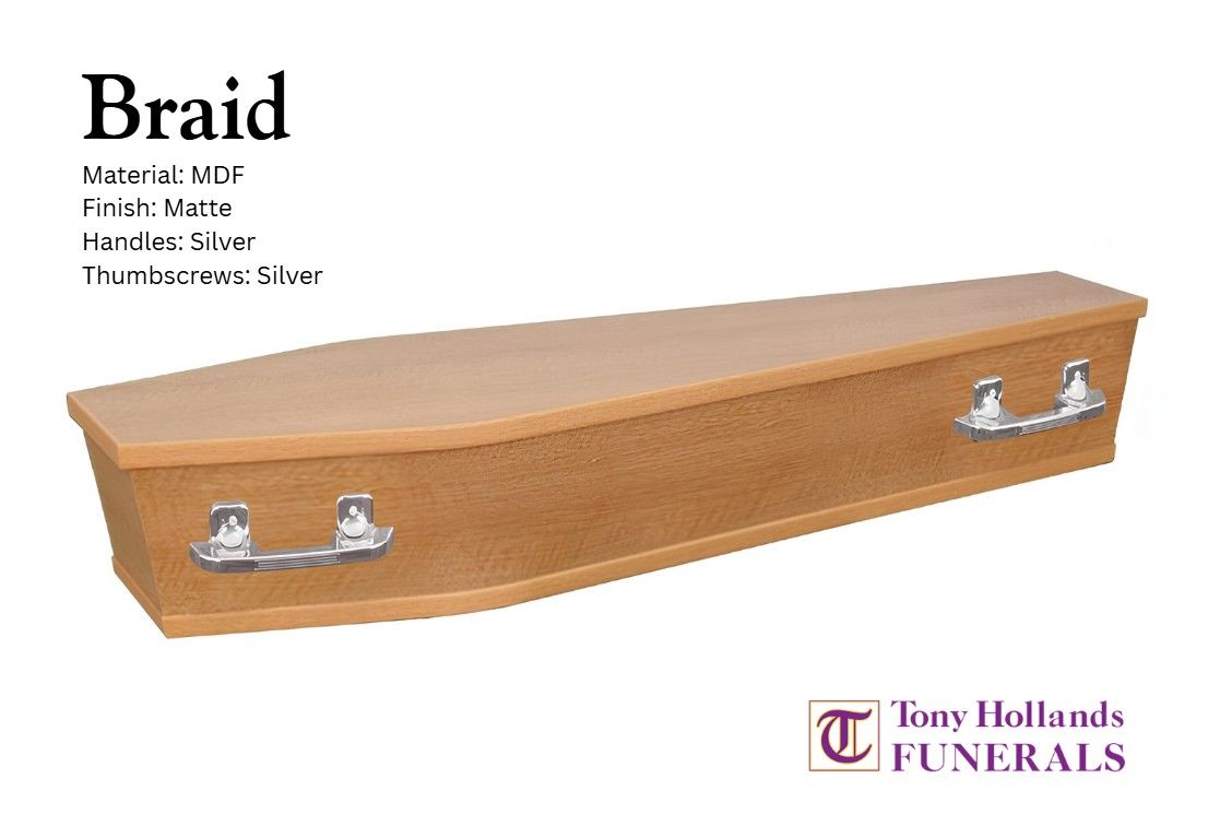 A wooden coffin with the word braid on it