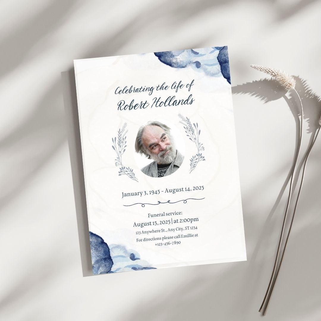 A funeral program with a picture of a man and flowers on it.