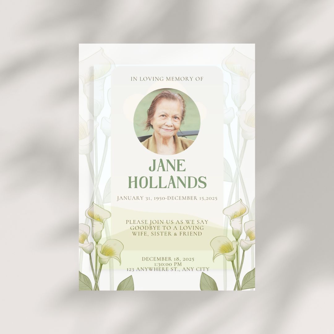 A memorial card with a picture of a woman and flowers on it.