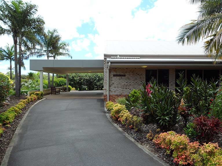 A driveway leading to a house surrounded by palm trees