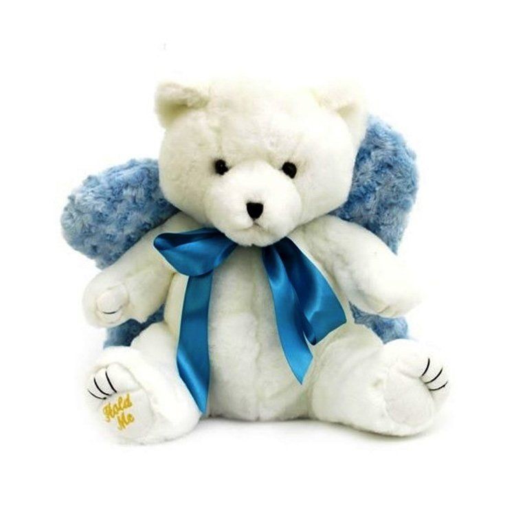 A white teddy bear with blue wings says hold me