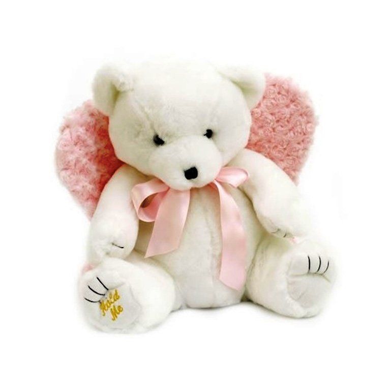 A white teddy bear with pink wings and a pink bow