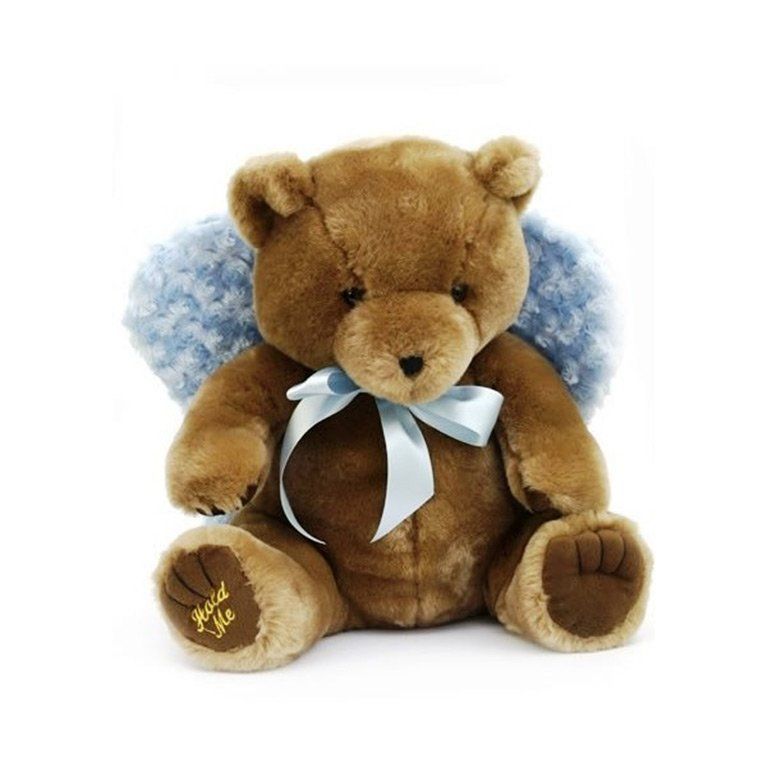 A brown teddy bear with blue angel wings and a bow