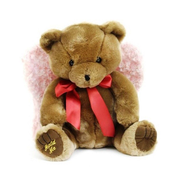 A brown teddy bear with a red ribbon around its neck says hold me