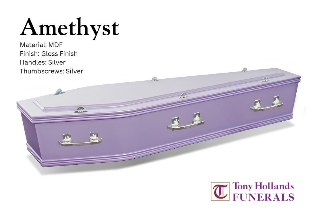A purple coffin with white handles is on a white background.
