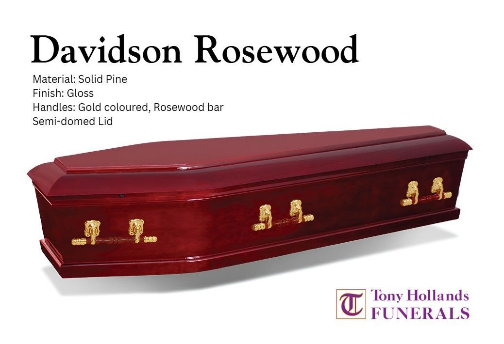 A red coffin with the name davidson on it