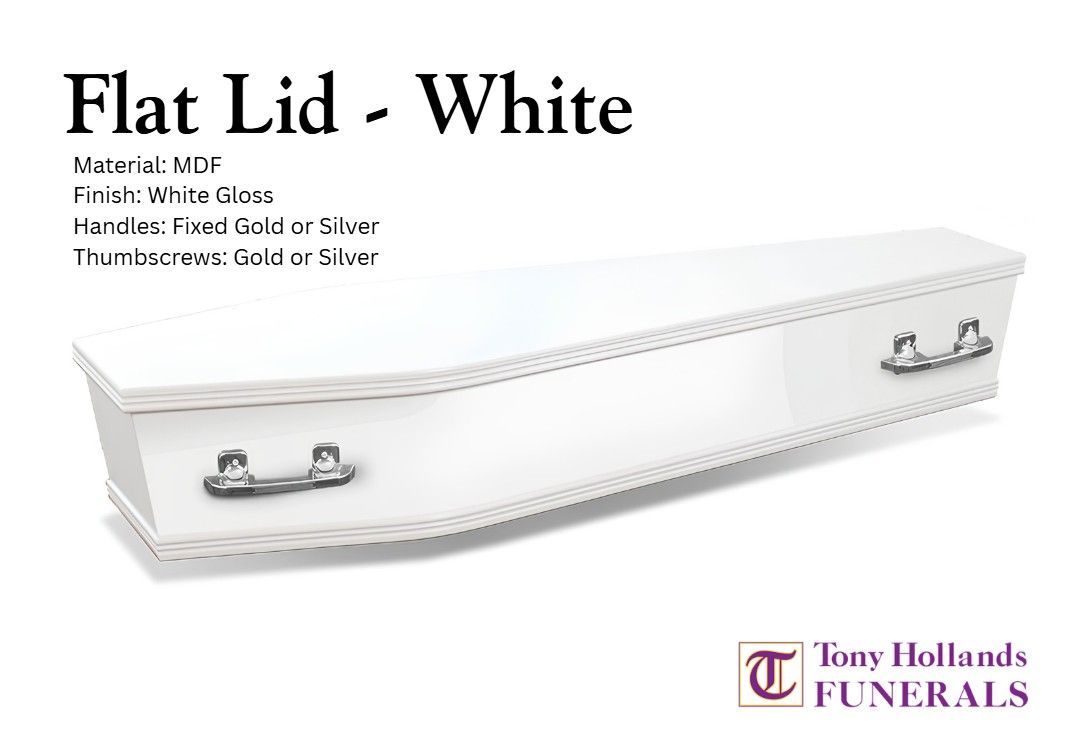 A white coffin with gold handles on a white background.