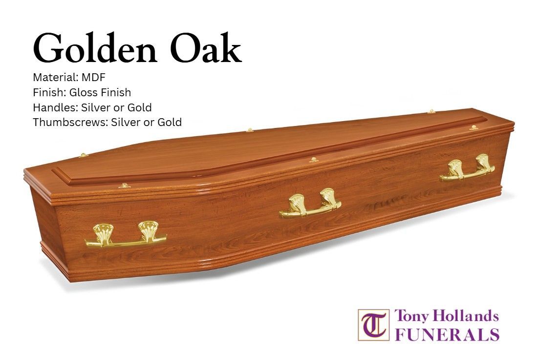A picture of a country oak honey cedar coffin