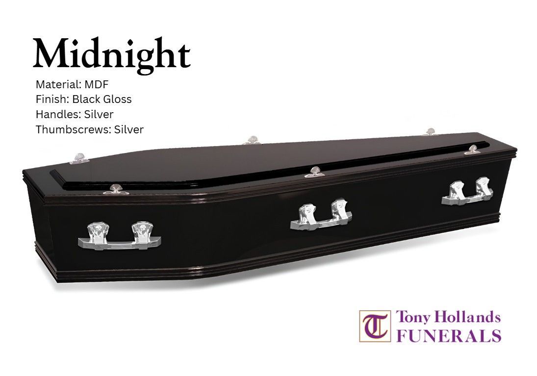 A black coffin with pearls on the handles is on a white background.