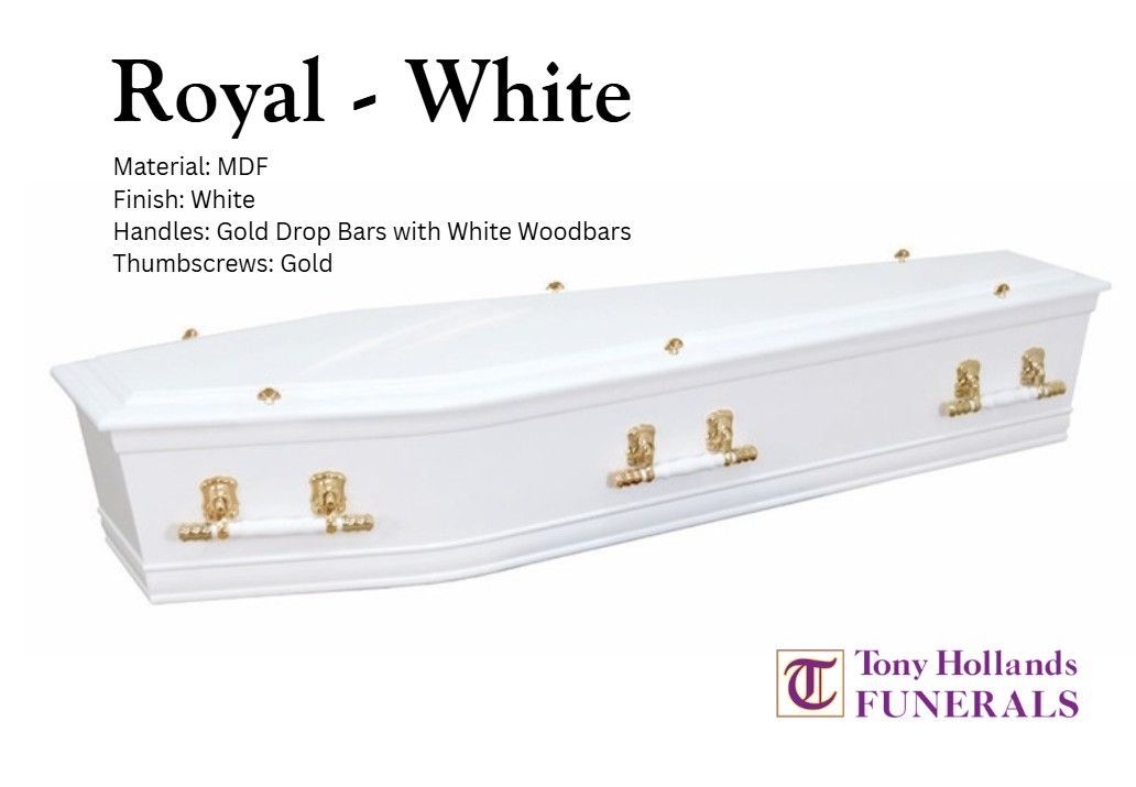 A white dome coffin with gold handles and a glass finish
