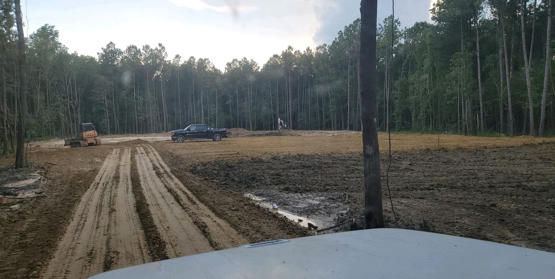 A muddy road going through a forest with trees in the background.