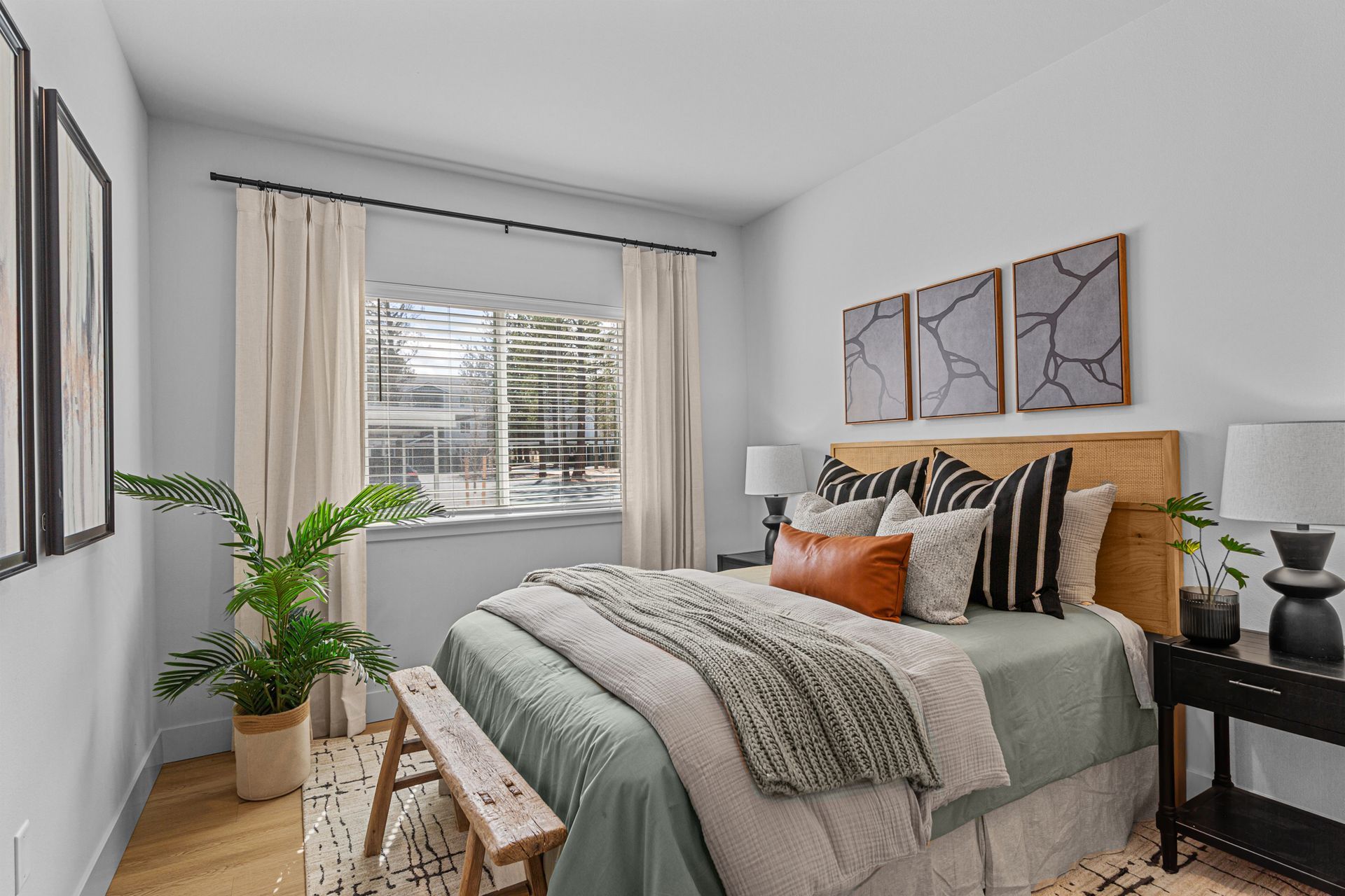 A cozy bedroom featuring a bed, a desk, a window, and a decorative plant enhancing the space's ambiance.