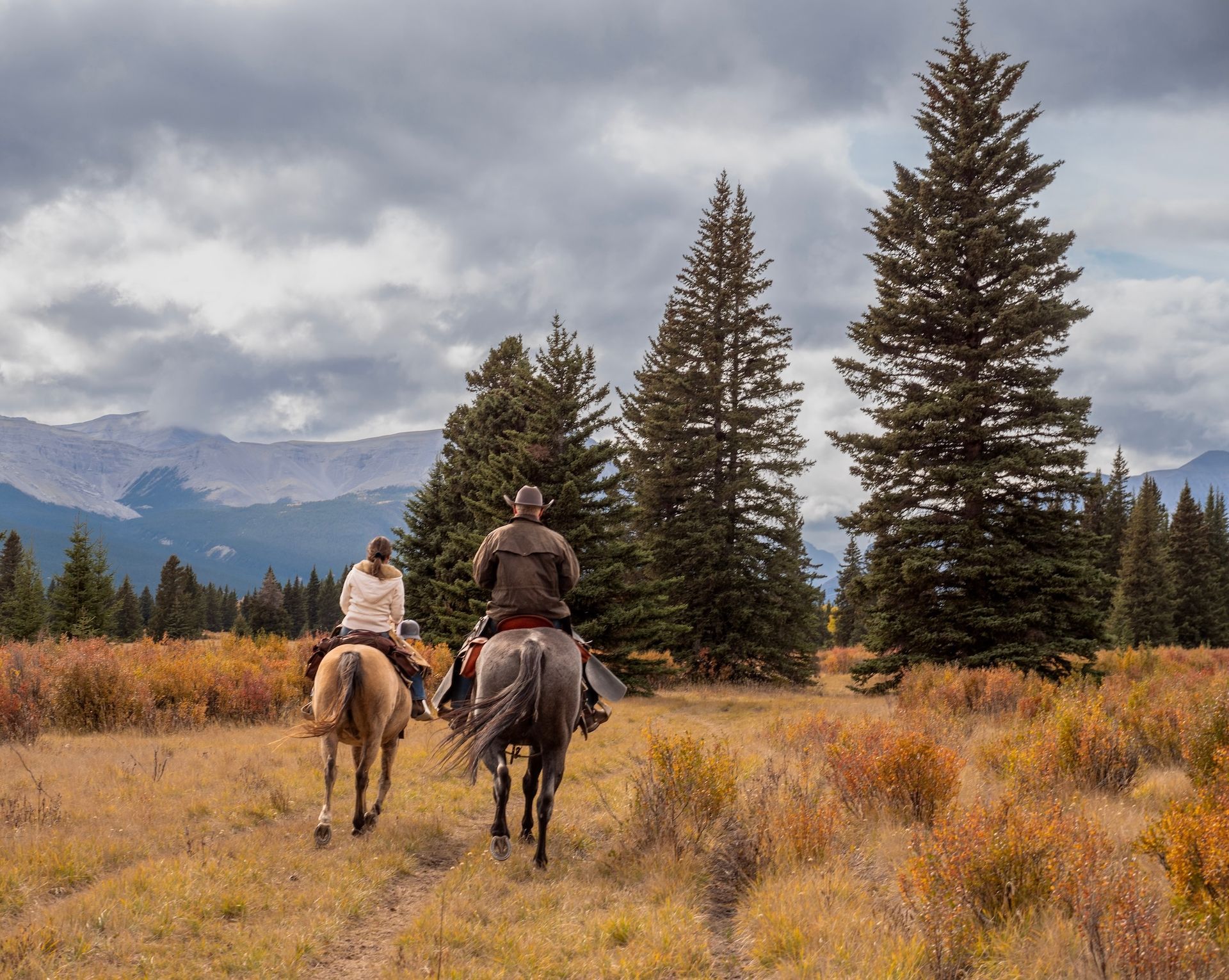 Two people on horseback ride through a field with fall foliage, mountains, and tall pine trees.