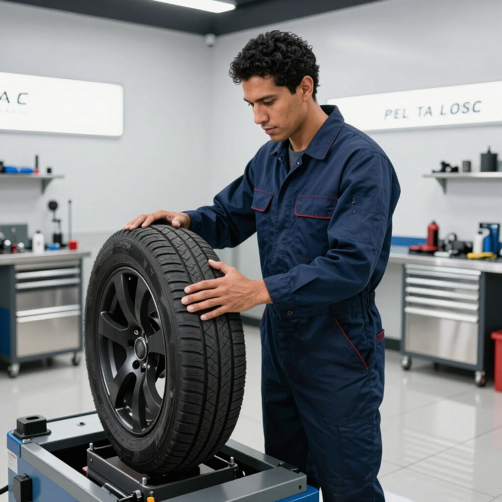 Técnico revisando una llanta en taller automotriz