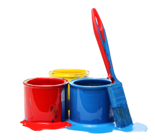 Three paint cans (red, yellow, blue) with a paint brush dripping blue paint.