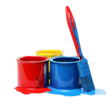 Three paint cans (red, yellow, blue) with a paint brush dripping blue paint.