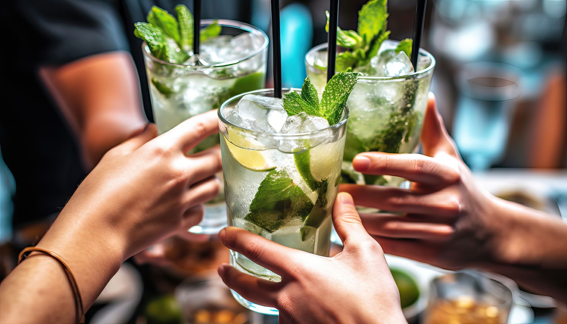 A group of people are toasting with mojito cocktails.
