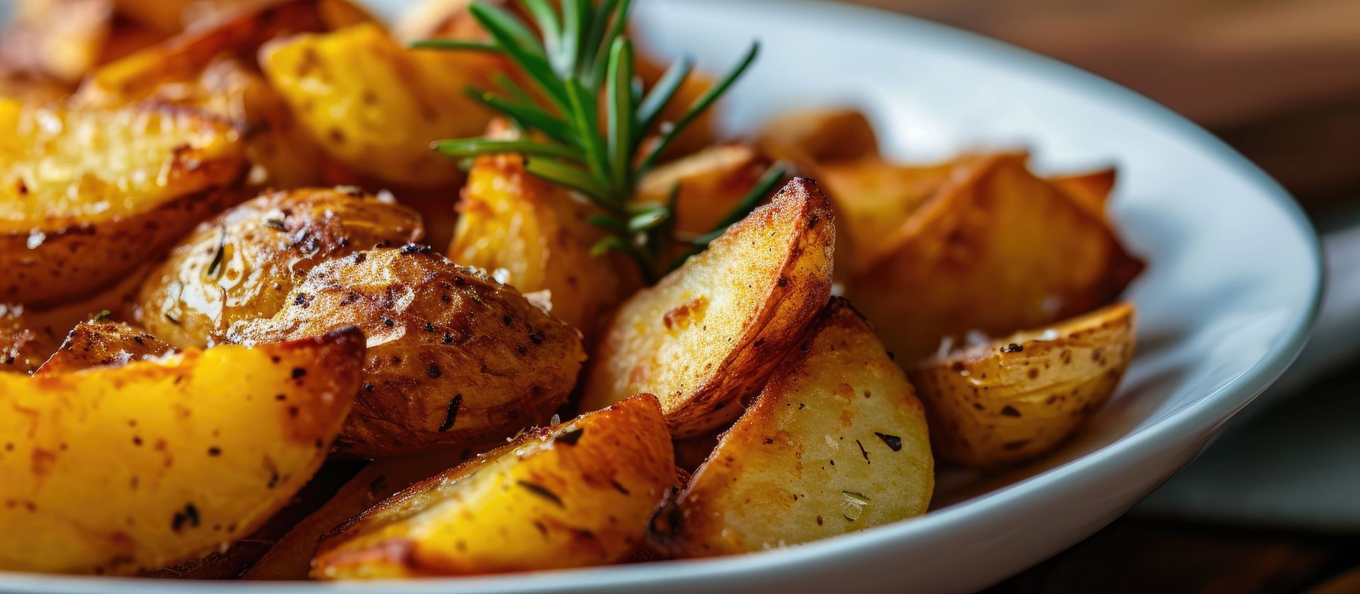 A white plate topped with roasted potatoes and rosemary.