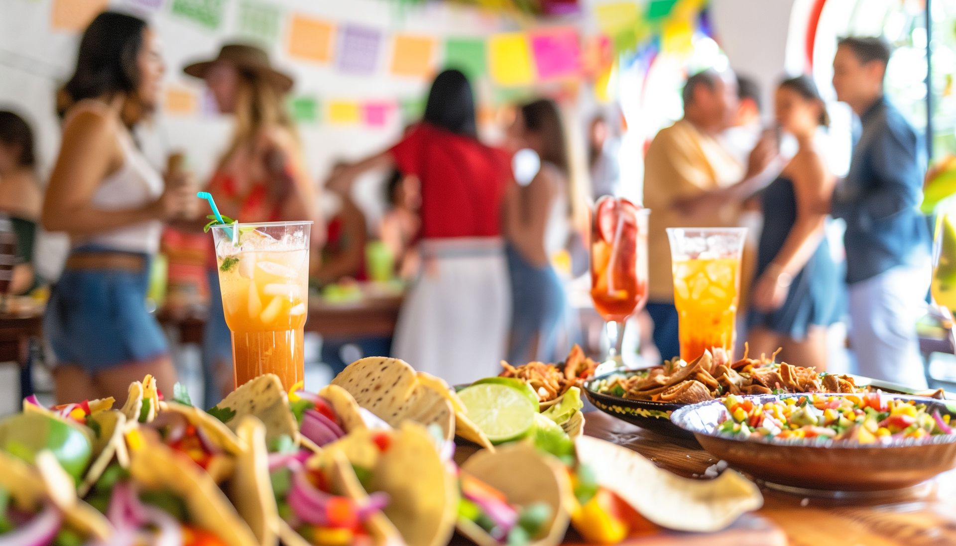 A table topped with plates of food and drinks with a group of people dancing in the background.