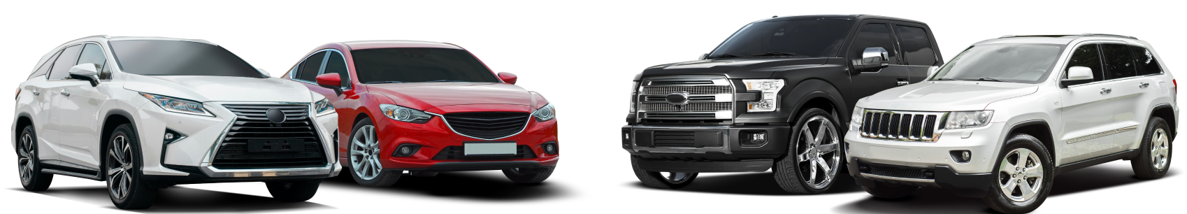 Four SUVs in white, red, black, and white parked in a row against a white background | Firos Auto House 2