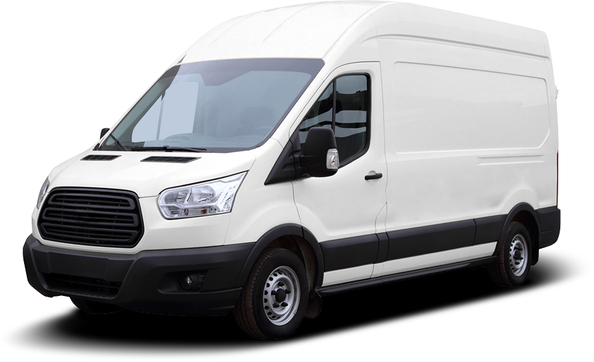 A white Ford Transit cargo van shown from a front-side angle against a plain background | Firos Auto House 2