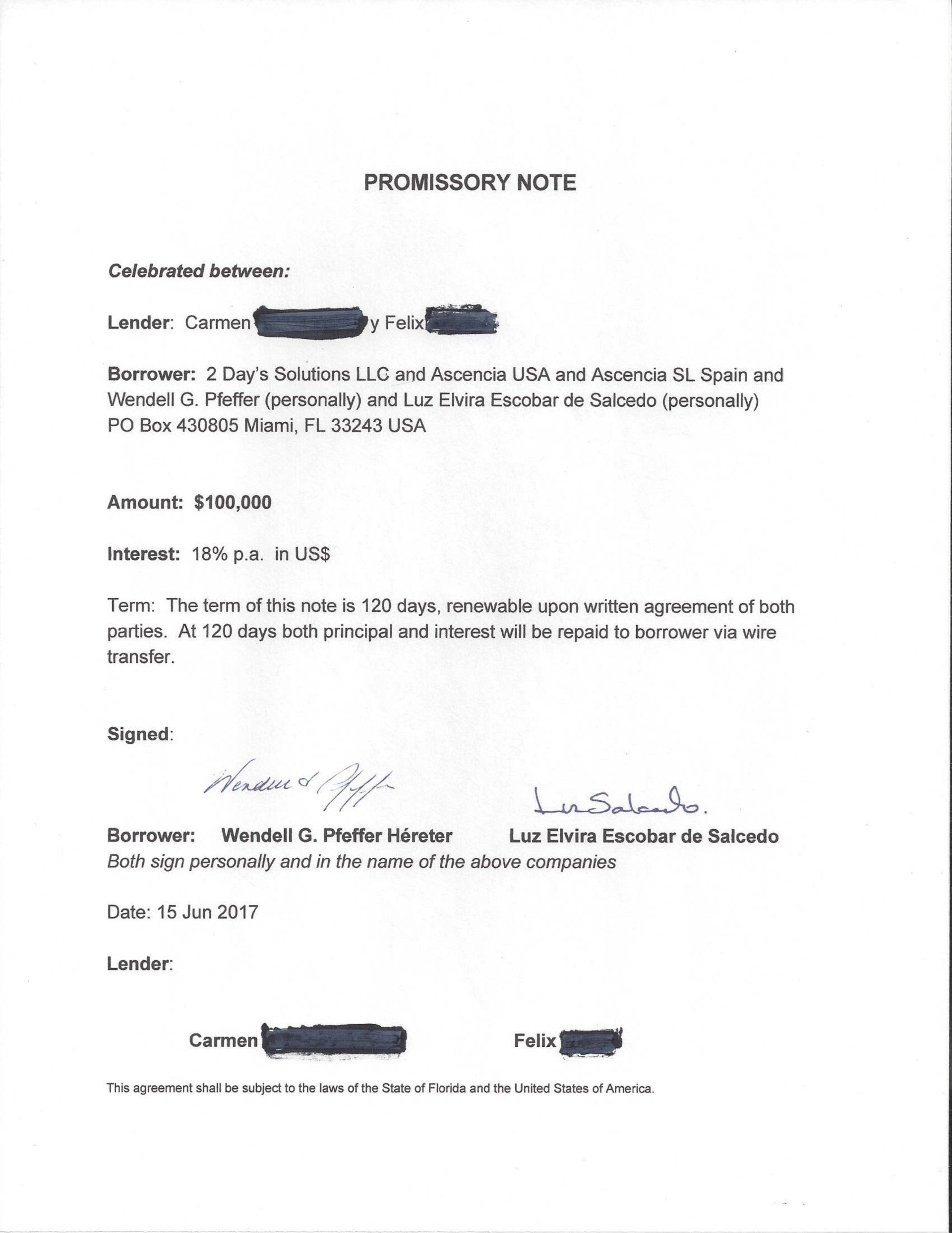 One of the Promissory Notes from Wendell G. Pfeffer Héreter and Luz Elvira Escobar de Salcedo to Puerto Rico Victim