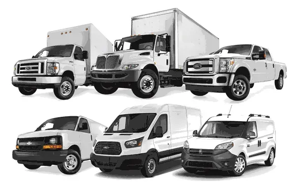 A collage of various white commercial vehicles, including box trucks, pickup trucks, and cargo vans.