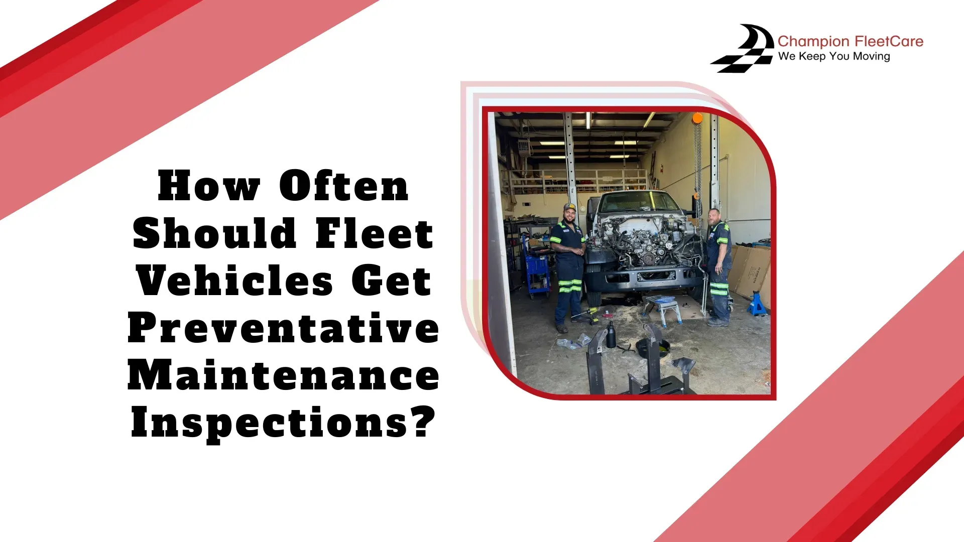 Two technicians work on a truck in a repair shop next to text asking, 