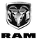 The Ram truck brand logo, featuring a silver ram head icon inside a shield above the word