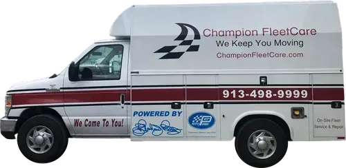 A white service truck branded with Champion FleetCare, featuring the company logo, phone number, and website.