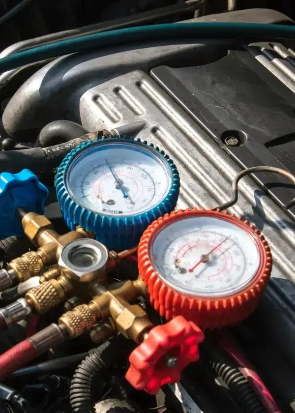 Blue and red automotive AC manifold pressure gauges connected to an engine bay for diagnostic testing.