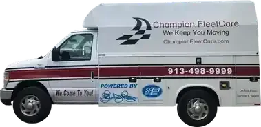 A white service truck branded with Champion FleetCare, featuring the company logo, phone number, and website.